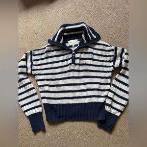 Sage Stone Striped Cropped Sweater 1/4 Zip Navy White Size L